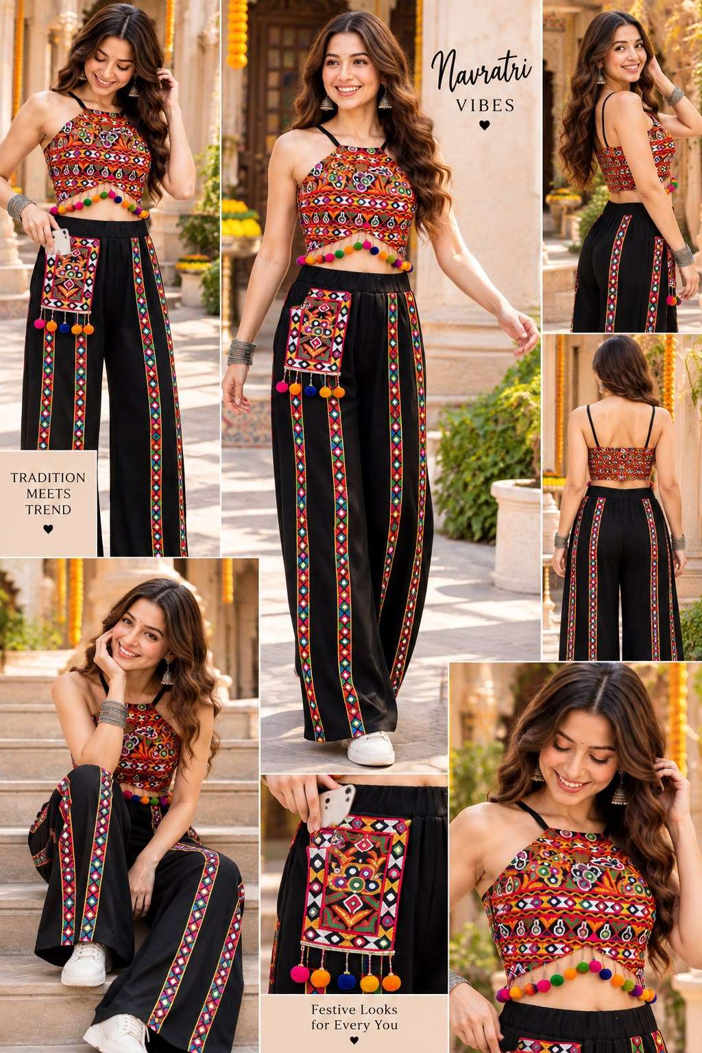 KF NV 61 RIBBED EMBROIDERY BLOUSE TOP AND PALAZZO NAVRATRI WESTERN TYPE DEALER